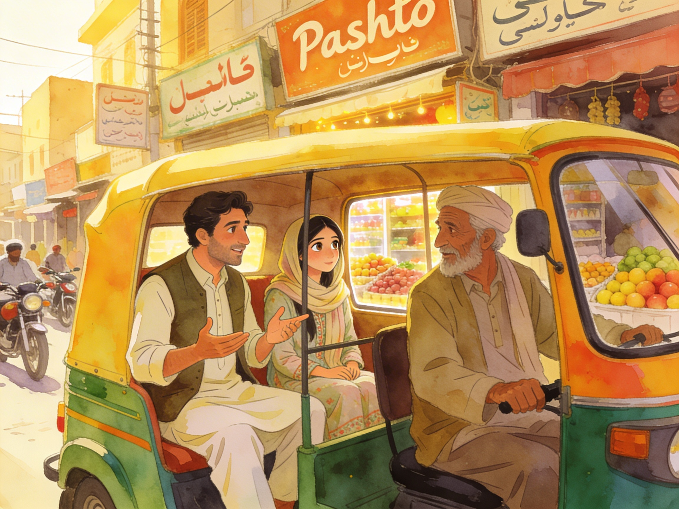 Ahmad and Zarmina ride a rickshaw through Peshawar, scene one of The Meeting